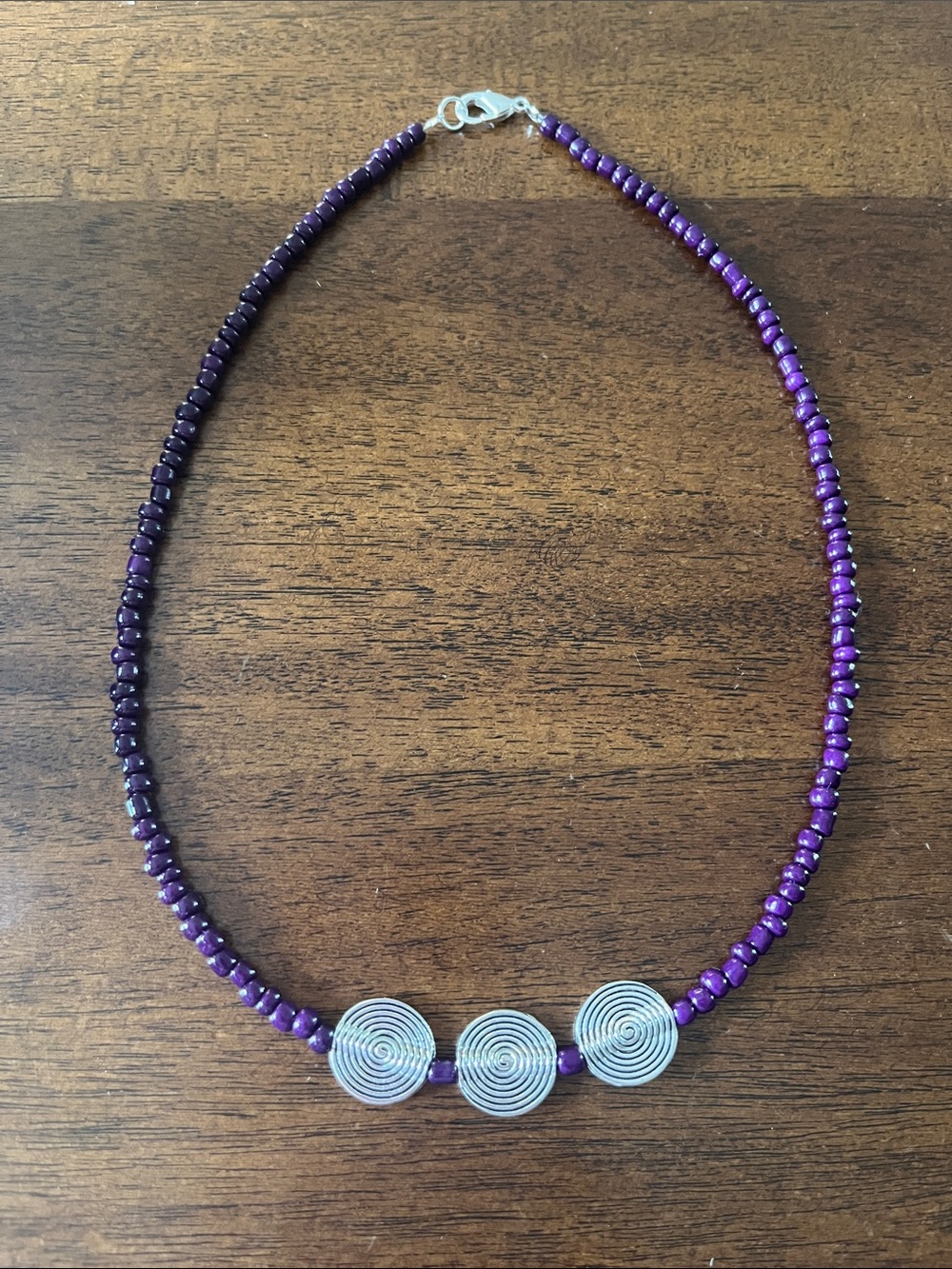 Whimsigoth purple and silver spiral handmade beaded necklace